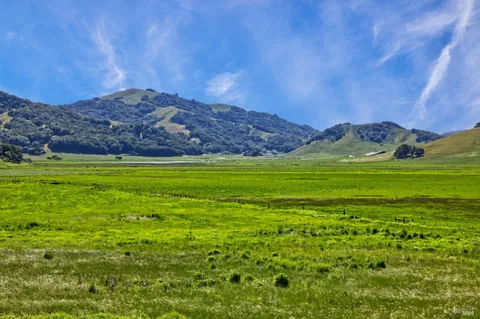 a view of a green field with mountains in the background