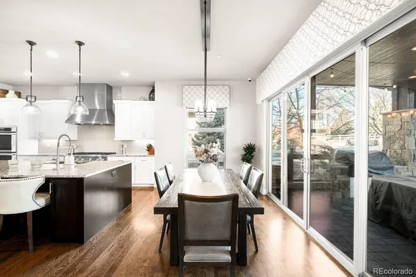 a view of a dining room with furniture window and outside view