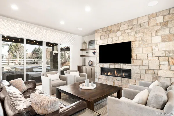 a living room with fireplace furniture and a flat screen tv