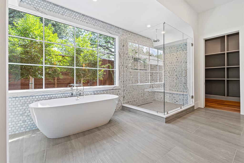 5925 Williamstown Road Dallas, TX 75230 - Photo 26 of 39 Full bathroom featuring double vanity, recessed lighting, a walk in closet, and wood tiled floors