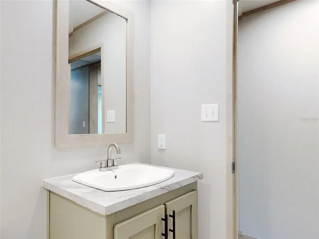 a bathroom with a sink and a mirror
