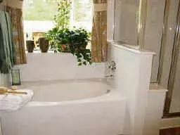 a bathroom with a bathtub and shower