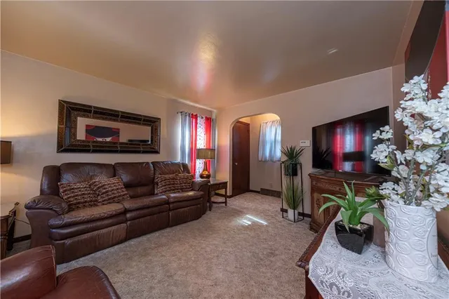 a living room with furniture a flat screen tv and a potted plant