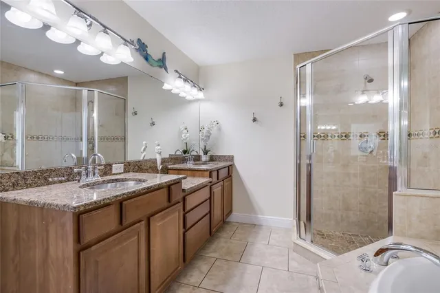 a bathroom with a granite countertop sink mirror and shower
