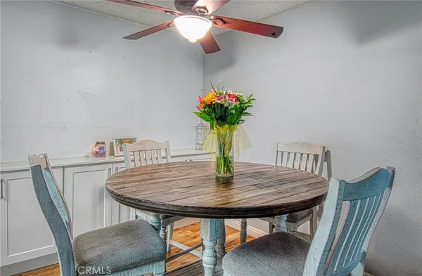 a view of a dining room with furniture