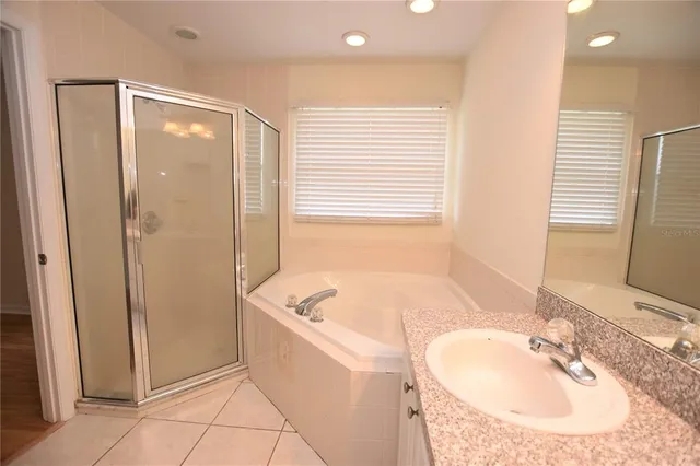 a bathroom with a tub sink and mirror
