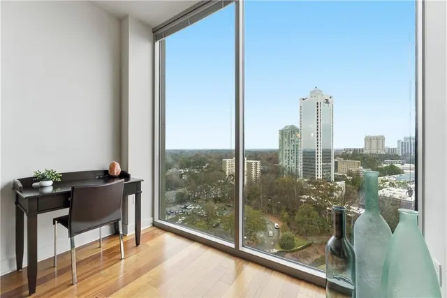 a view of a city from a dining room