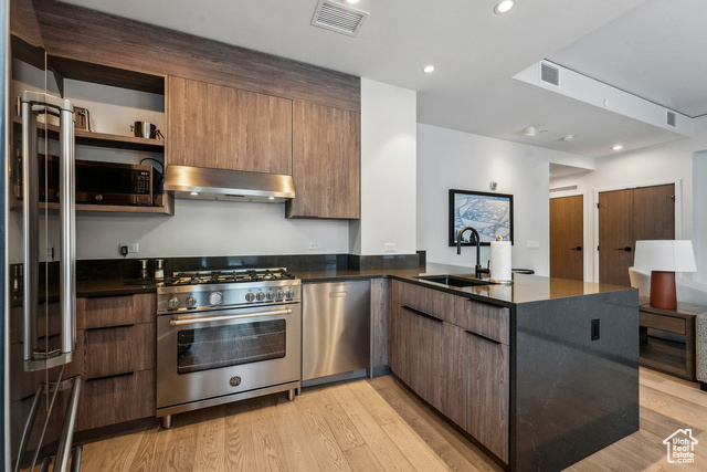 2417 West High Mountain Road, Unit 2202 Park City, UT 84098 - Photo 10 of 28 Kitchen featuring light hardwood / wood-style floors, stainless steel appliances, kitchen peninsula, sink, and extractor fan
