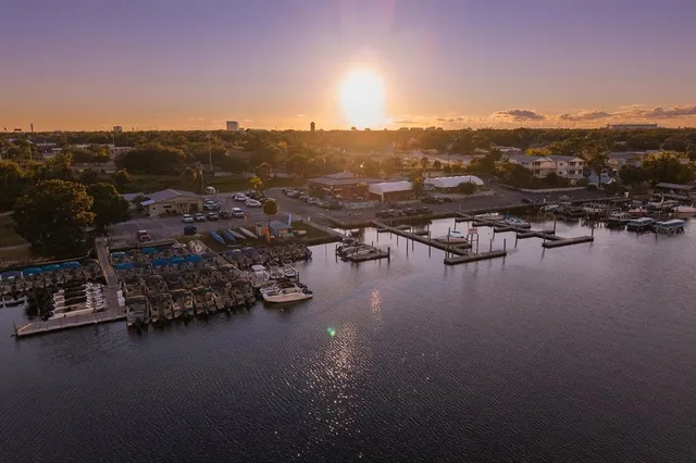 a view of a lake in middle of the town