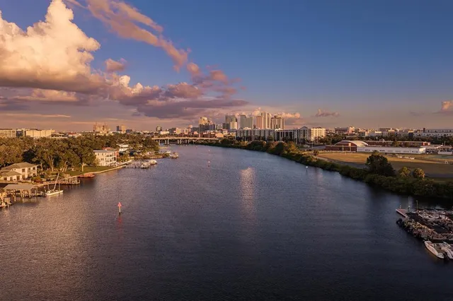 a view of a lake with a city