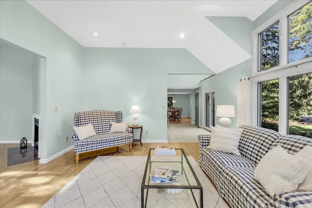 a view of a brick house with a large window