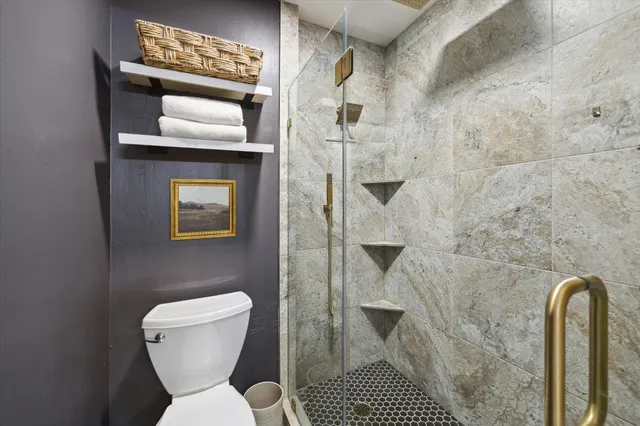 a bathroom with a toilet and a shower