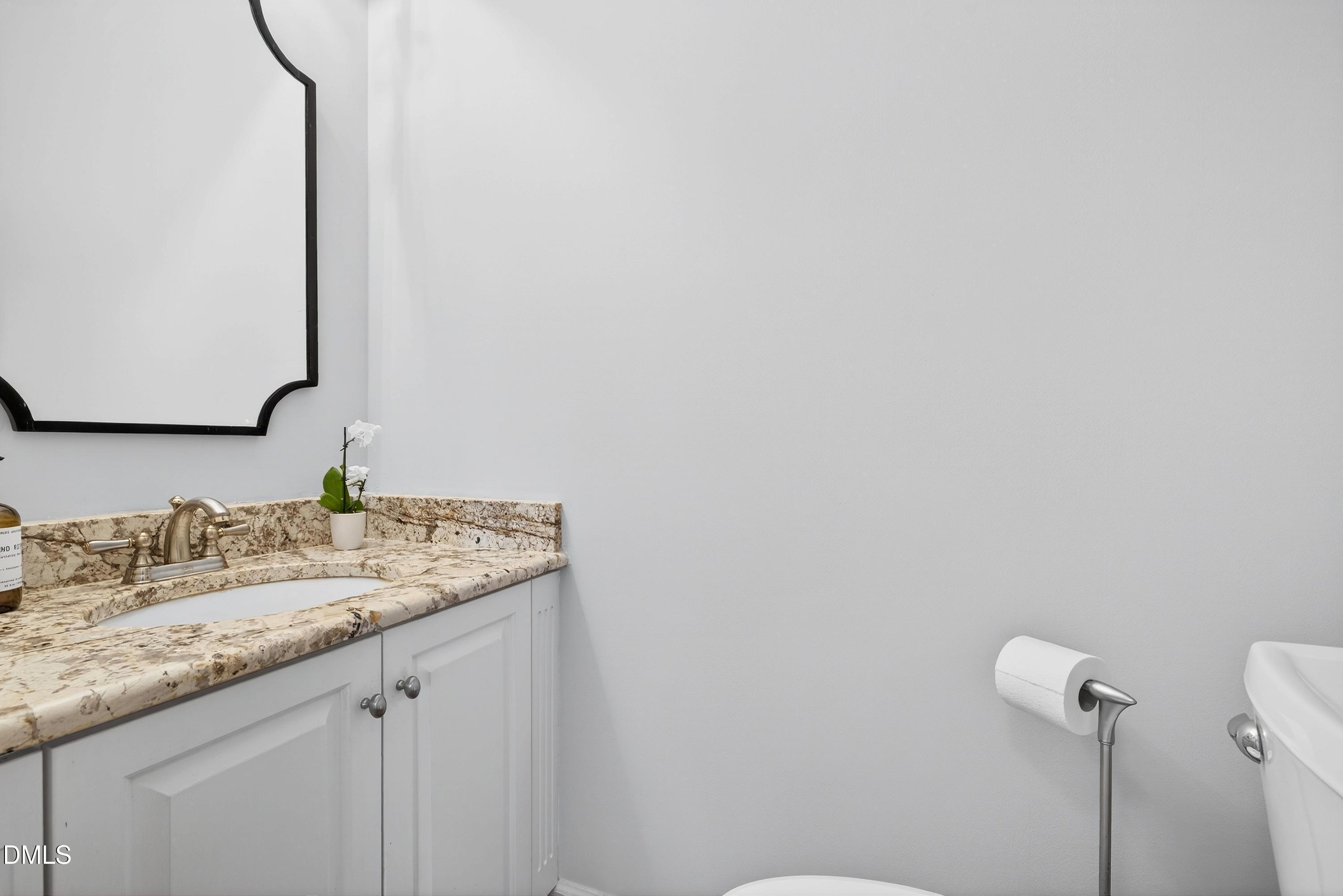 9432 Cartersville Court Raleigh, NC 27617 - Photo 34 of 66 a bathroom with a granite countertop sink and a mirror