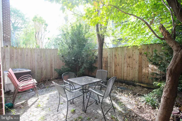 a backyard of a house with table and chairs