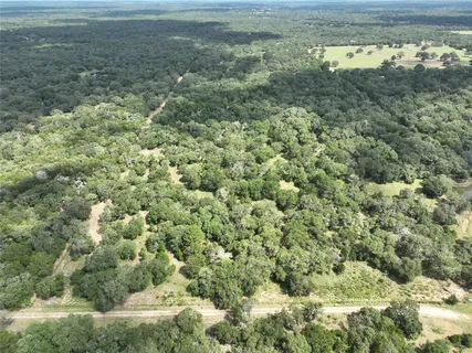 an aerial view of residential houses with outdoor space and trees