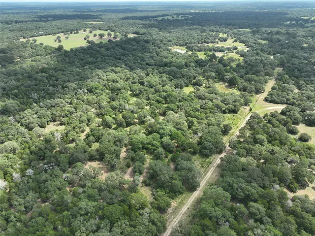 an aerial view of residential houses with outdoor space and trees