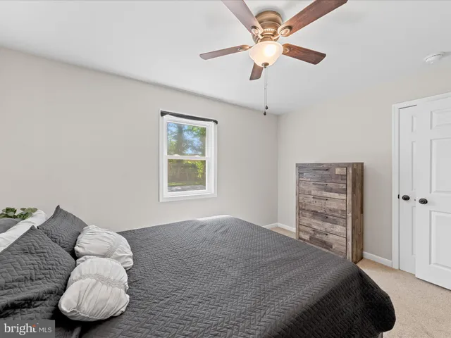 a bedroom with furniture and a ceiling fan