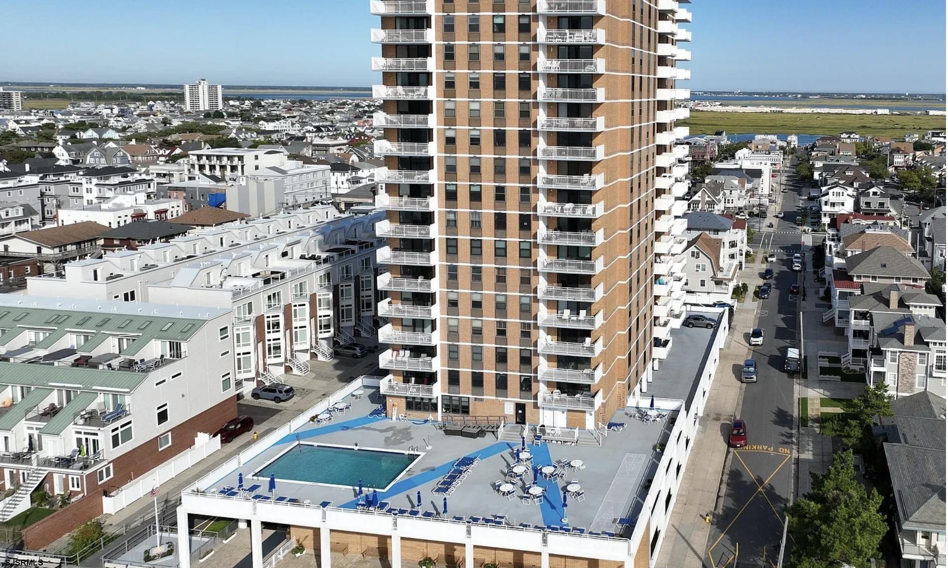 a city view with tall buildings