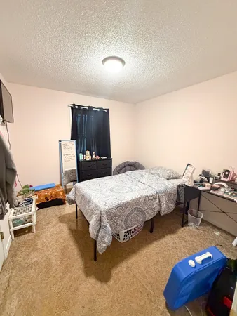 a bedroom with a bed and dresser