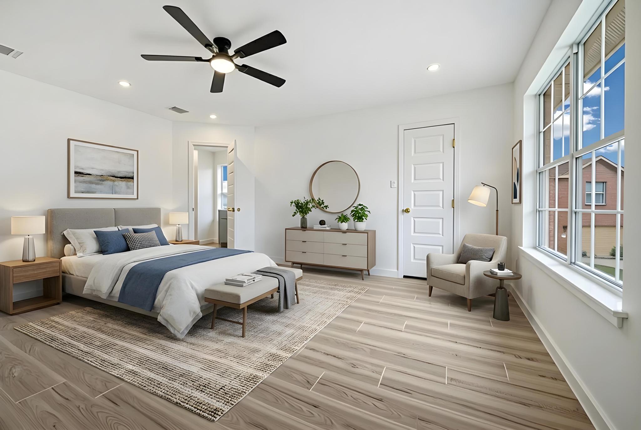 13501 Sierra Wind Lane Elgin, TX 78621 - Photo 18 of 19 Spacious room featuring wood-finish flooring, a contemporary ceiling fan, recessed lighting, a multi-pane window, and a five-panel interior door