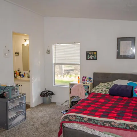 a bedroom with a bed and a window