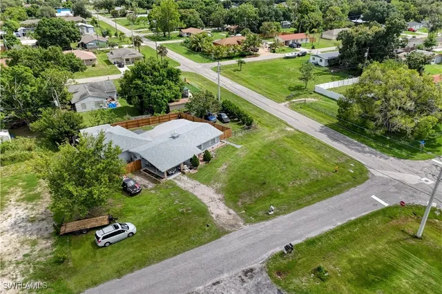 an aerial view of a backyard