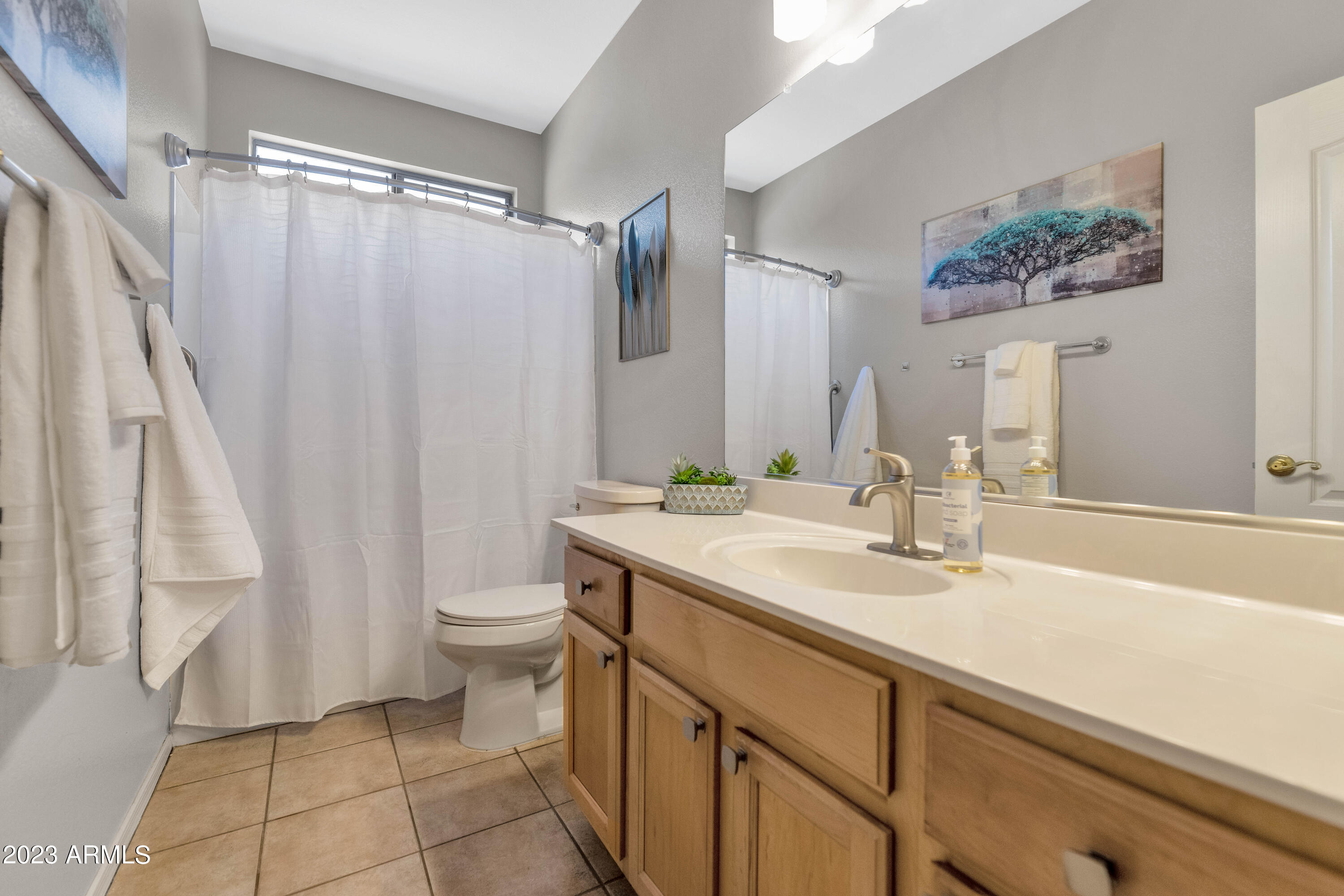 303 North Kimberlee Way Chandler, AZ 85225 - Photo 19 of 31 a bathroom with a granite countertop sink a toilet and a shower