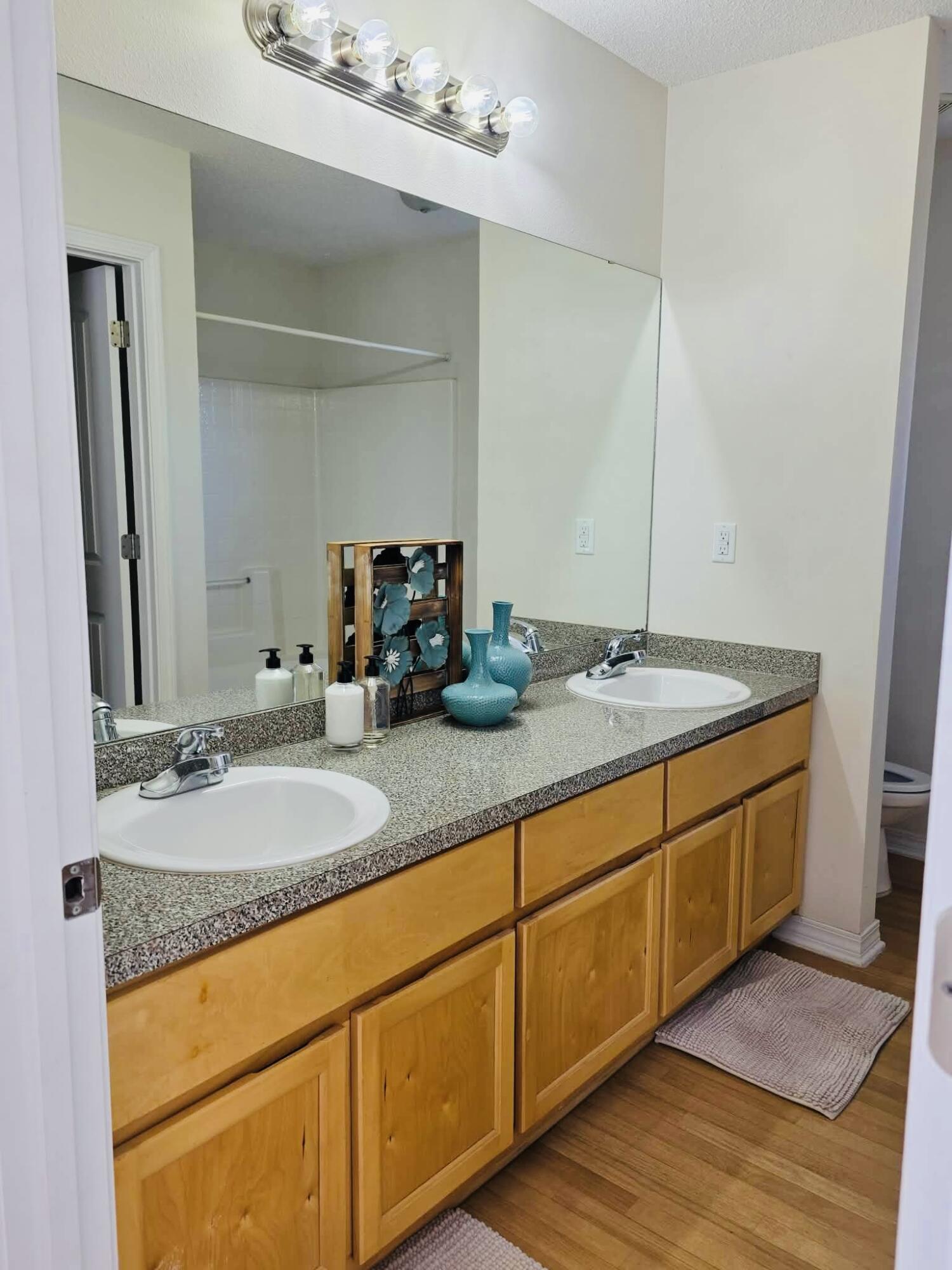 8347 Tavira Street Navarre, FL 32566 - Photo 37 of 49 a bathroom with a granite countertop double vanity sink and a mirror