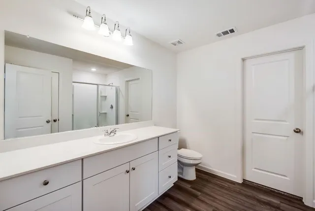 a bathroom with a toilet a sink a vanity and mirror