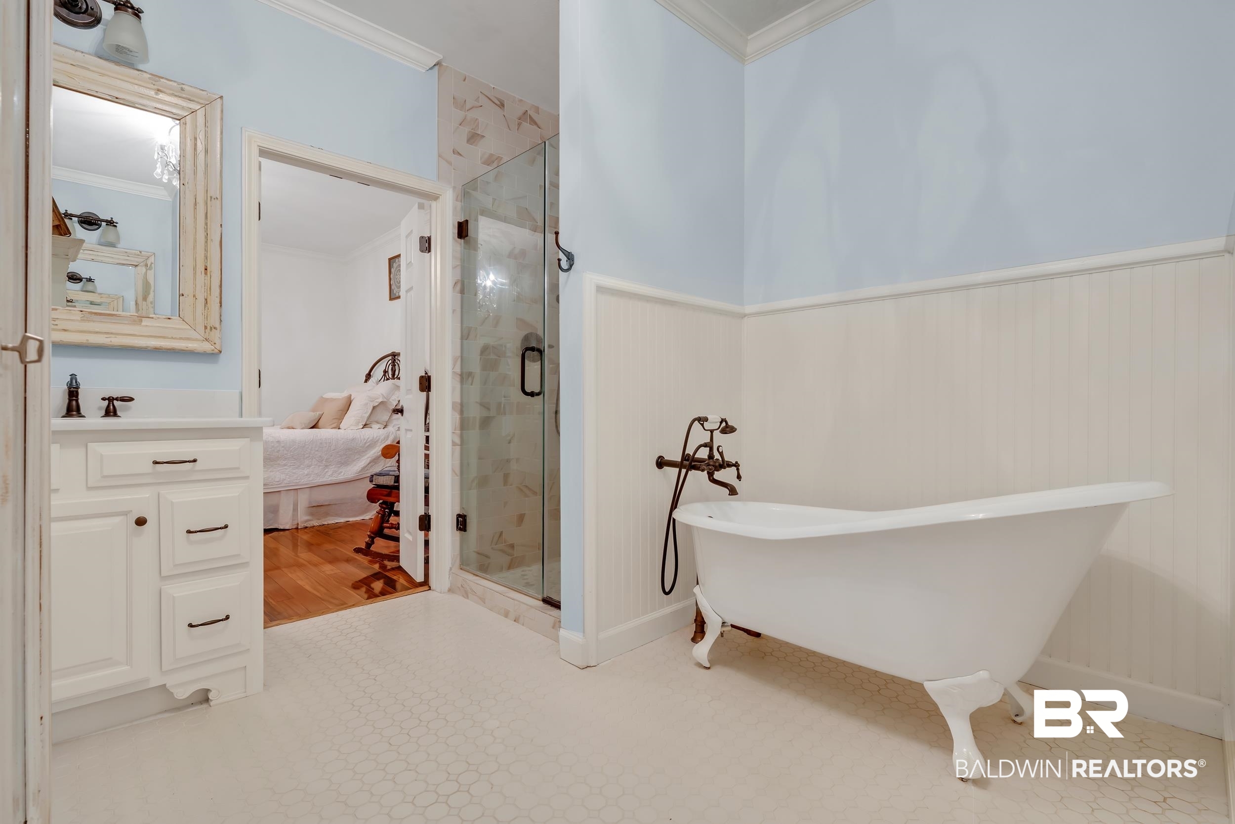 2 Navy Lane Daphne, AL 36527 - Photo 20 of 28 Full bath with a stall shower, ornamental molding, a freestanding tub, and vanity