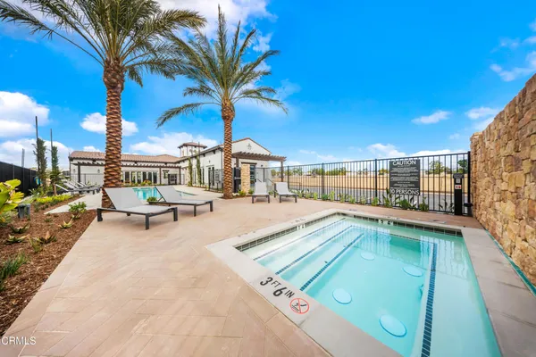 a view of a swimming pool with a lounge chair and palm trees