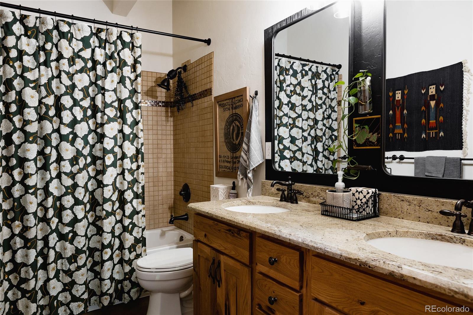 13574 Baird Road Conifer, CO 80433 - Photo 27 of 50 a bathroom with a granite countertop sink a toilet and a shower curtain