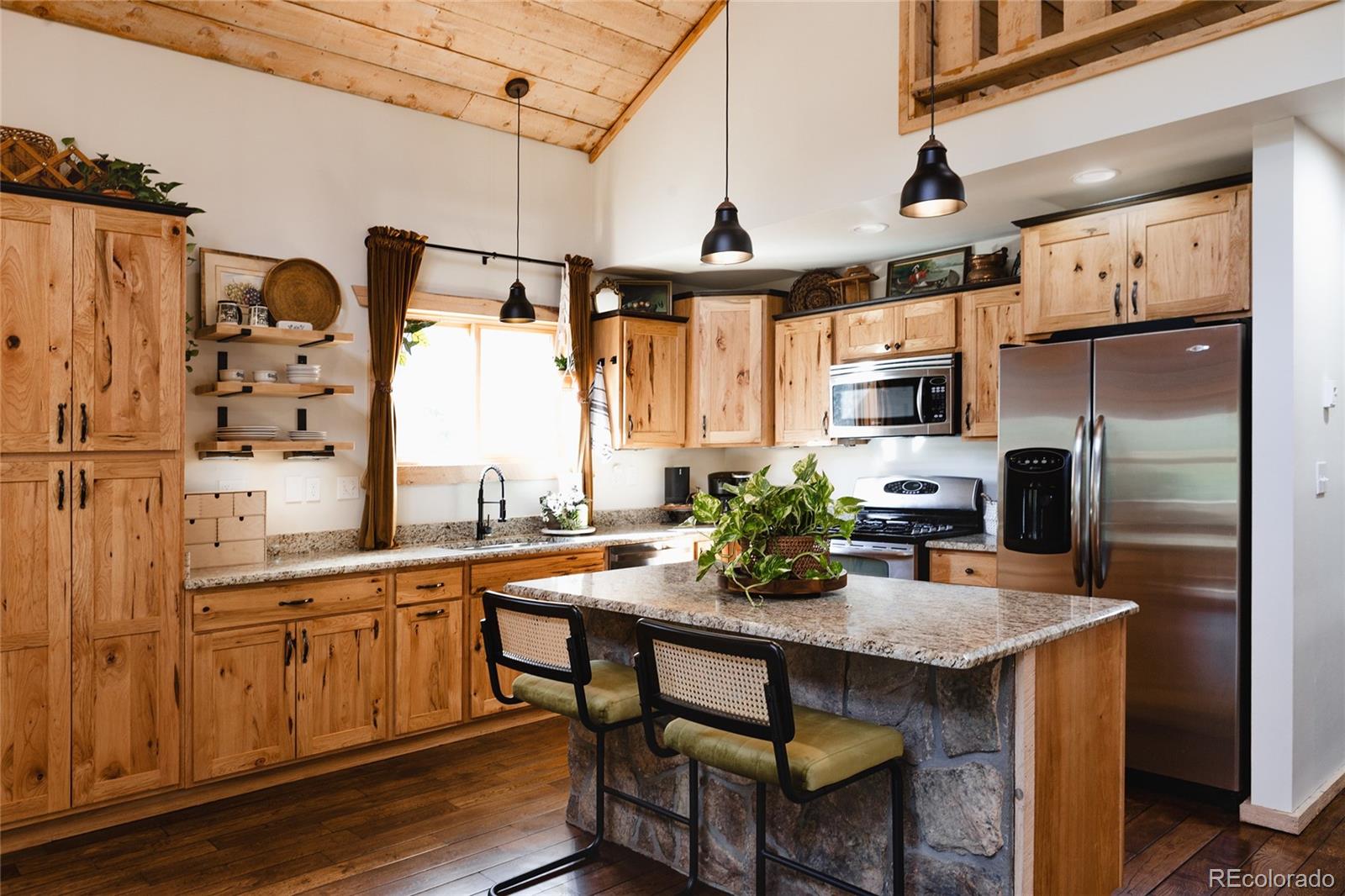 13574 Baird Road Conifer, CO 80433 - Photo 5 of 50 a kitchen with stainless steel appliances a sink and a refrigerator