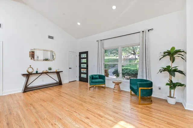a living room with furniture and a potted plant