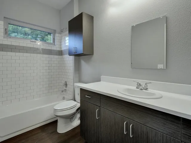 a bathroom with a bathtub