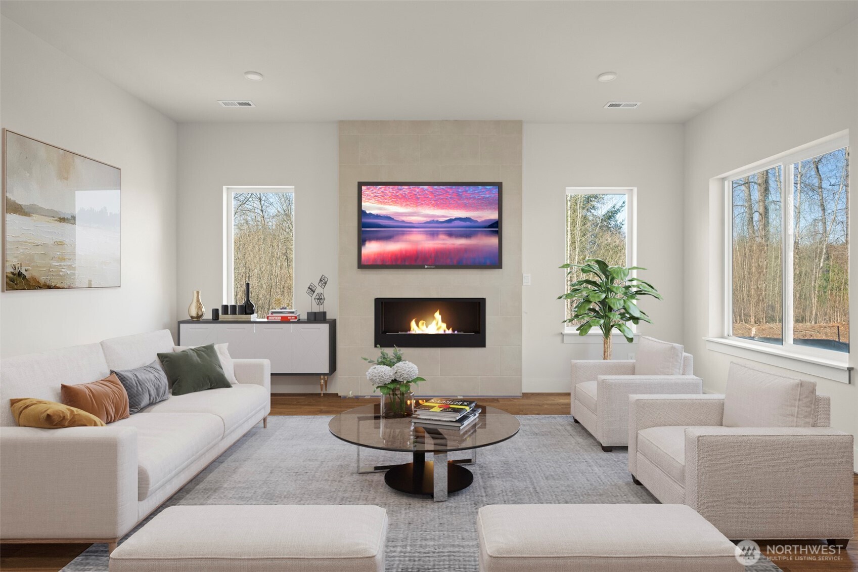 1729 214th Street Southeast Bothell, WA 98021 - Photo 6 of 8 a living room with furniture a fireplace and a large window