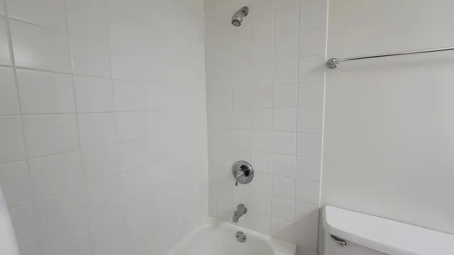a bathroom with a bathtub and a toilet