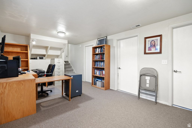 865 South 325 West Orem, UT 84058 - Photo 24 of 38 Carpeted lower-level space featuring a recessed staircase, integrated built-in shelving, and multiple white panel doors