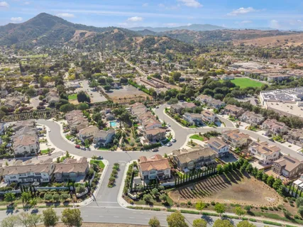 an aerial view of residential houses with outdoor space and trees