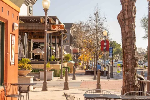 a view of street with an entrance and a building