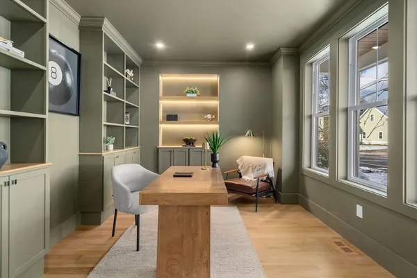 a view of a dining room with furniture window and outside view