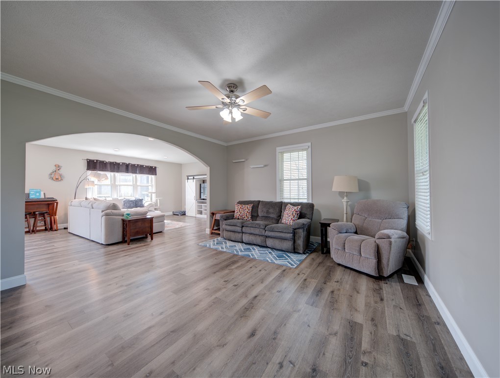 9900 Mentor Road Chardon, OH 44024 - Photo 15 of 49 Living room featuring ceiling fan, crown molding, and light wood-type flooring
