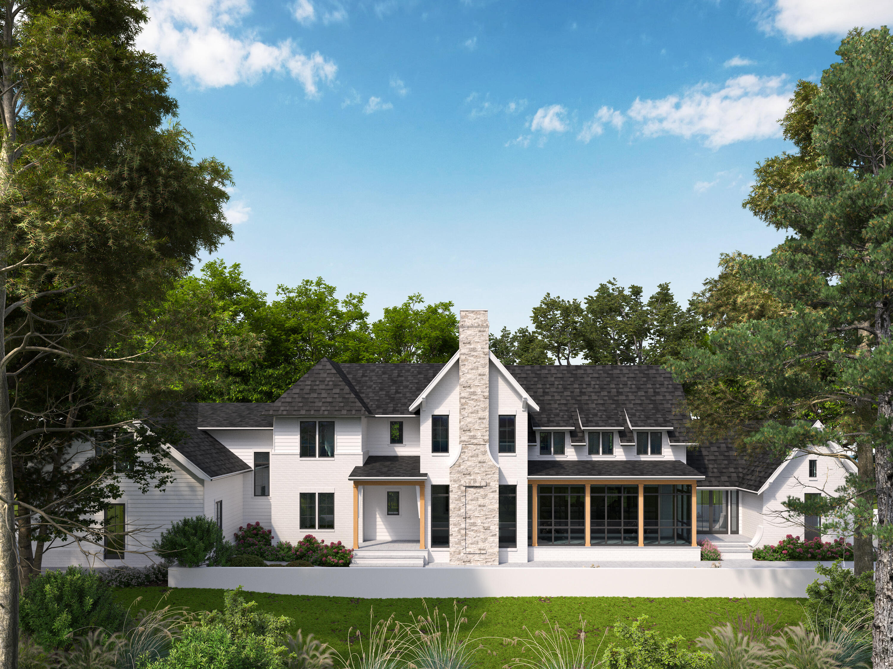 323 Pinewood Lane Inlet Beach, FL 32461 - Photo 47 of 50 a white house with a large pool and lawn chairs under an umbrella in a garden