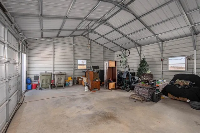a view of a garage with storage