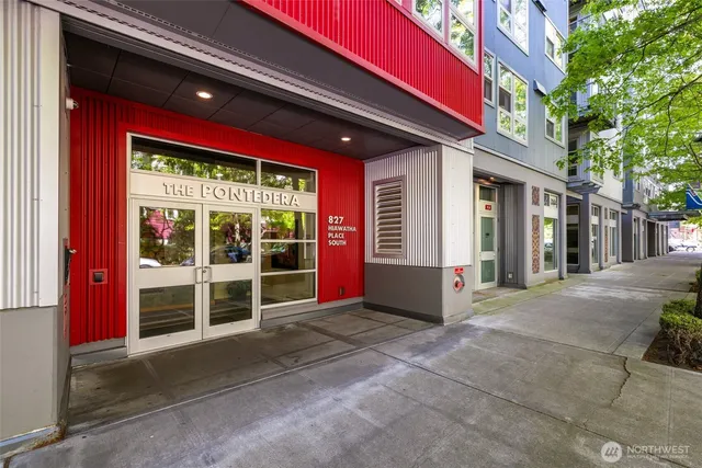 a view of porch with red door