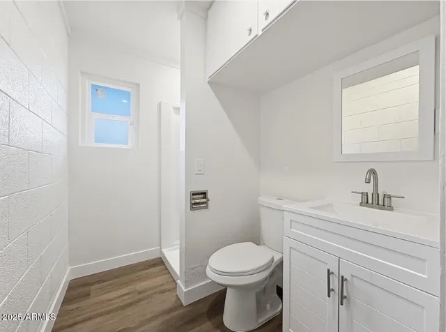 a bathroom with a toilet a sink a vanity and window