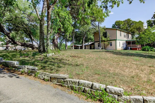 a view of a yard with plants and trees