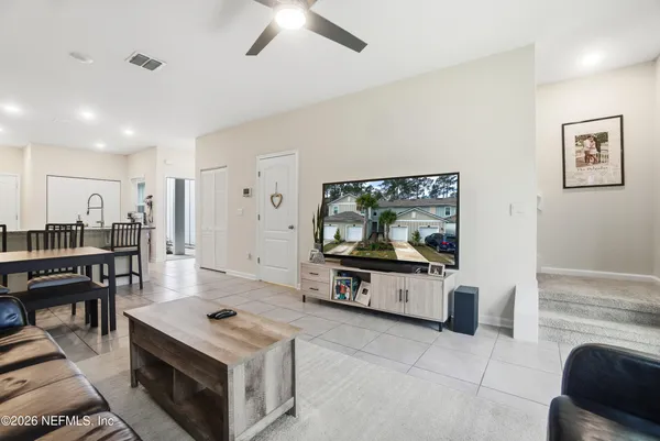 a view of a dining room with furniture