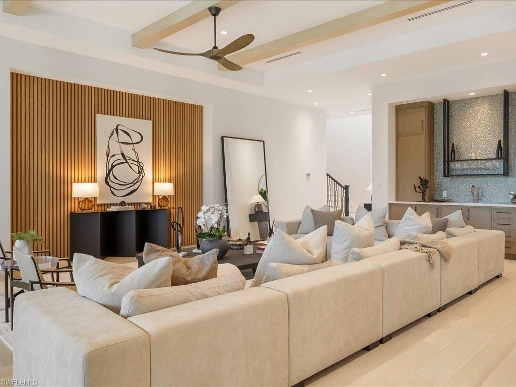 612 Binnacle Drive Naples, FL 34103 - Photo 6 of 50 Living room with recessed lighting, beam ceiling, visible vents, and ceiling fan