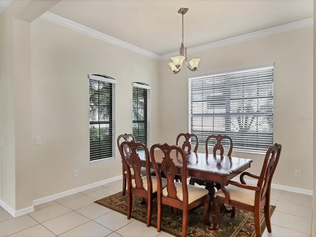 a view of a dining room with furniture window and outside view